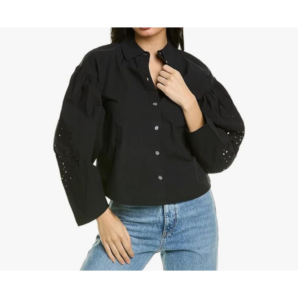 Tanya‎ Taylor Black Cotton Eyelet Sleeve Button Down Shirt Blouse